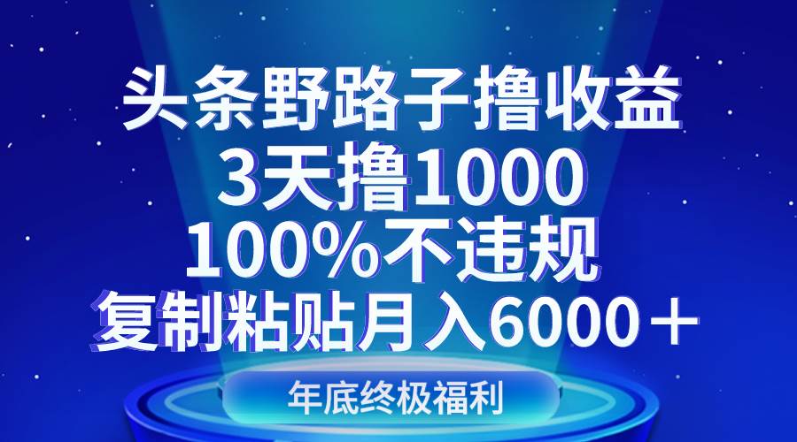 头条野路子撸收益，3天撸1000，100%不违规，复制粘贴月入6000＋-问小徐资源库