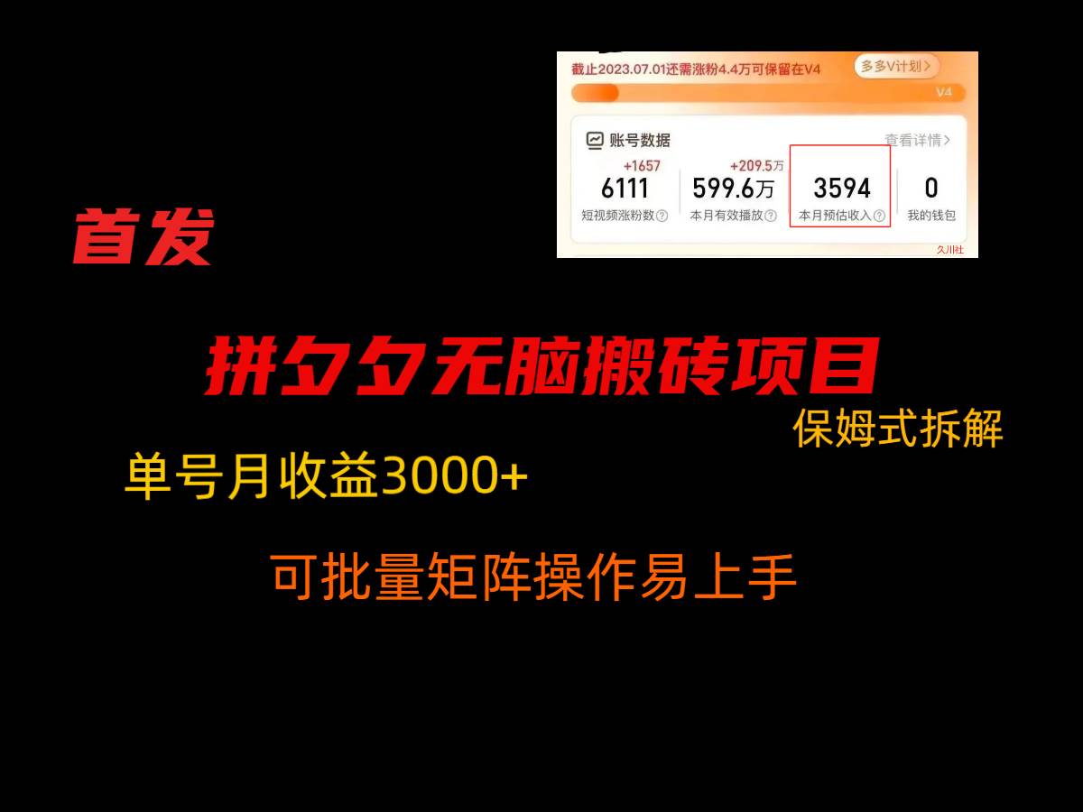 拼夕夕无脑搬砖，单号稳定收益3000+，保姆式拆解-问小徐资源库