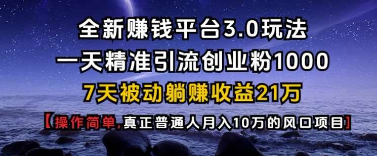 全新赚钱平台3.0玩法一天精准引流创业粉1000.7天被动躺Z收益21W【仅揭秘】-问小徐资源库